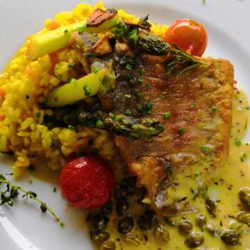 kw34_3a Filet vom Papageien-Fisch an Kapern-Senfsosse auf Safranrisotto